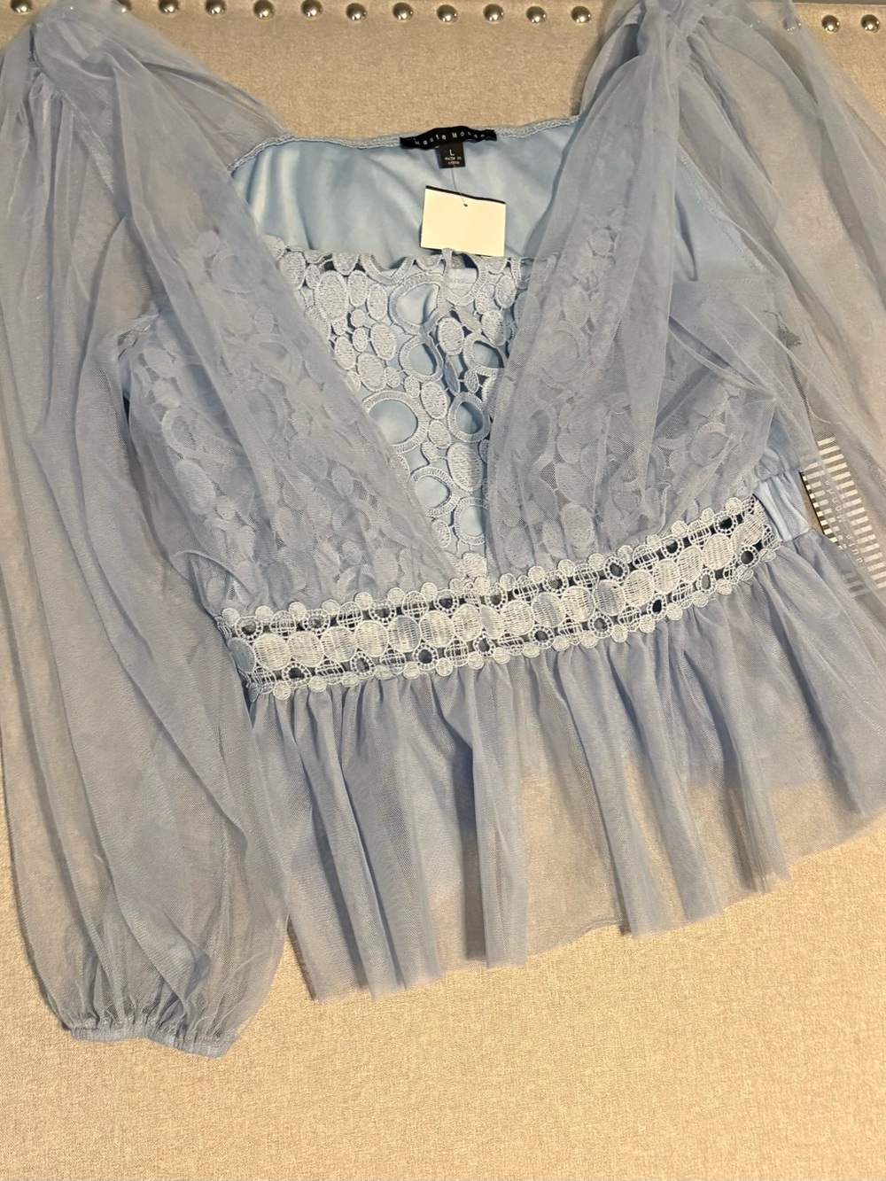 Haute Monde Light Blue Lace & Tulle V-Neck Blouse